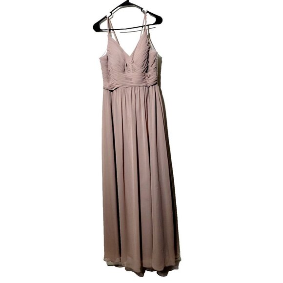 Azazie Bridesmaid Dress A10 Long Lace Pleated Romantic Taupe Chiffon Flowy Femme - Picture 1 of 16